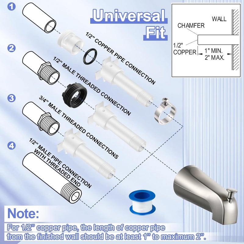 Enhon Tub Spout, Universal Fits 1/2'' Copper Pipe, 1/2'' IPS and 3/4'' IPS, Bathroom Bathtub Tub Faucet Replacement with Adapters(with Diverter,Brushed Nickel) - Image 5